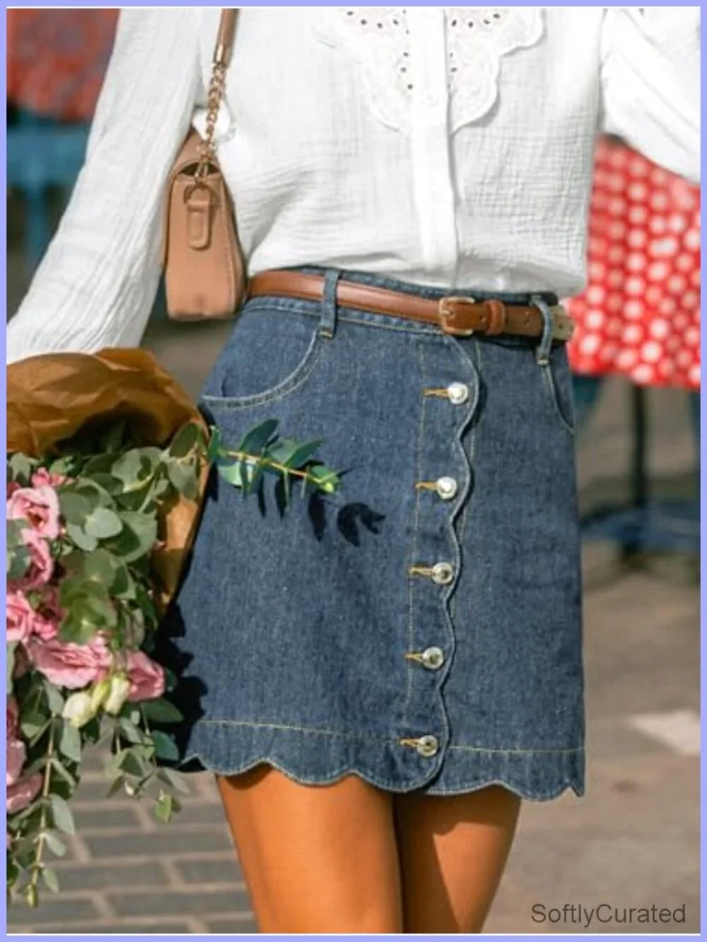CUPSHE Denim Mini Skirt High Rise A-Line Scalloped Button Front Retro Chic